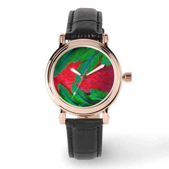 Elegantes Quetzal-Federdesign Armbanduhr (Vorderseite)