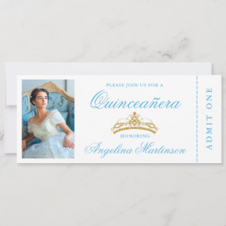 Elegantes Quinceanera Foto Blue Gold Ticket Einladung