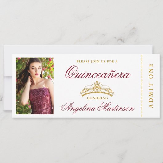 Elegantes Quinceanera Foto Burgund und Gold Ticket Einladung (Vorderseite)