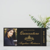 Elegantes Quinceanera Foto Gold und Black Ticket Einladung (Stehend Vorderseite)