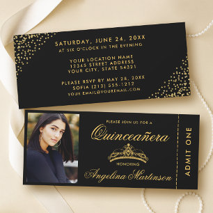 Elegantes Quinceanera Foto Gold und Black Ticket Einladung
