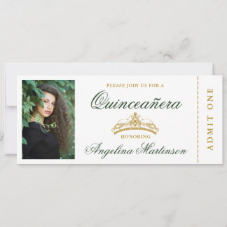 Elegantes Quinceanera Foto Green und Gold Ticket Einladung