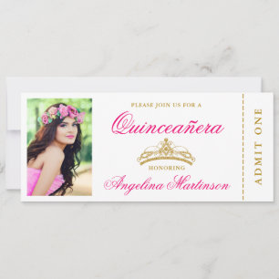 Elegantes Quinceanera Foto Hot Pink und Gold Ticke Einladung