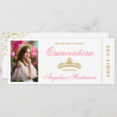 Elegantes Quinceanera Foto Rosa und Gold Ticket Einladung (Vorne/Hinten)