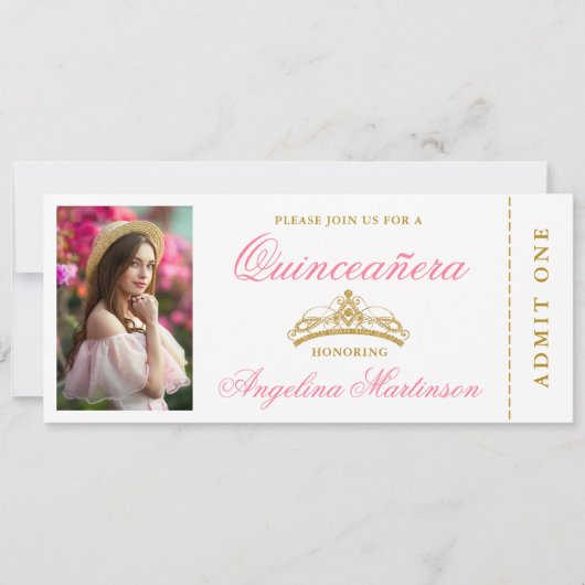 Elegantes Quinceanera Foto Rosa und Gold Ticket Einladung (Vorderseite)