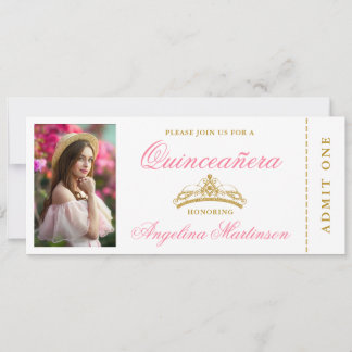 Elegantes Quinceanera Foto Rosa und Gold Ticket Einladung