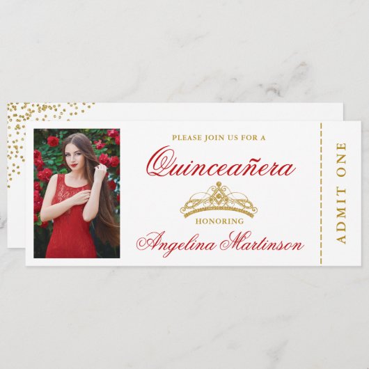 Elegantes Quinceanera Foto Rot und Gold Ticket Einladung (Vorne/Hinten)