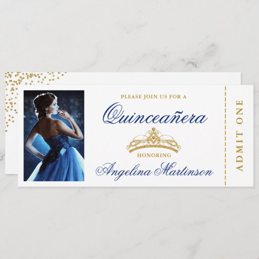 Elegantes Quinceanera Foto Royal Blue Gold Ticket Einladung (Vorne/Hinten)