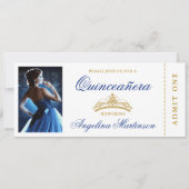 Elegantes Quinceanera Foto Royal Blue Gold Ticket Einladung (Vorderseite)