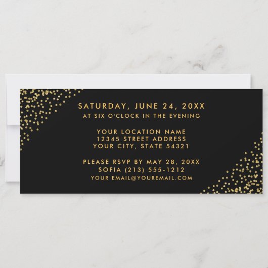 Elegantes Quinceanera Gold und Black Ticket Einladung (Rückseite)