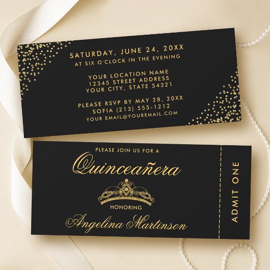 Elegantes Quinceanera Gold und Black Ticket Einladung