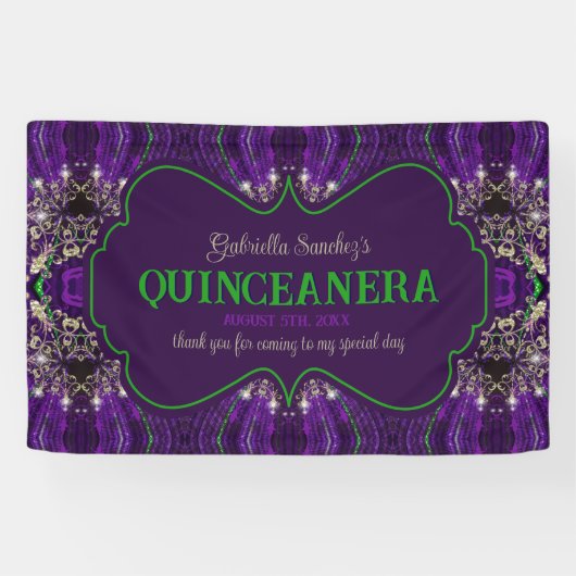 Elegantes Quinceanera Lila Green Glitzer Party Banner (Horizontal)