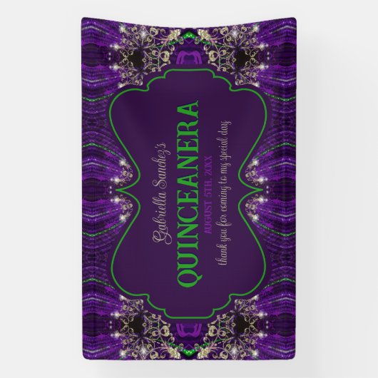Elegantes Quinceanera Lila Green Glitzer Party Banner (Vertikal)