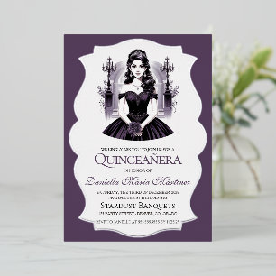 Elegantes Quinceañera-Mädchen in Lila Folieneinladung