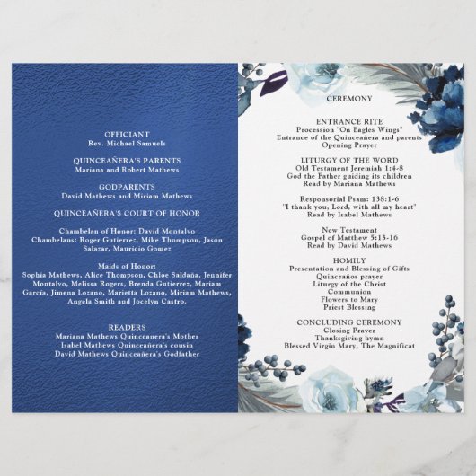 Elegantes Quinceañera Navy und Royal Blue Program (Rückseite)