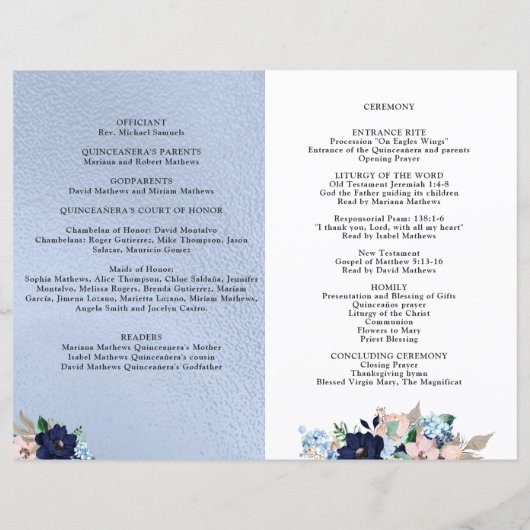 Elegantes Quinceanera-Programm in Blau und Rosa (Rückseite)