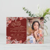 Elegantes Quinceanera Red Gold Rose Foto Einladung (Stehend Vorderseite)