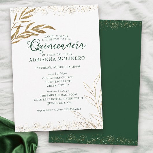 Elegantes Quinceanera und Mass Green und Gold Leaf Einladung
