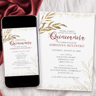 Elegantes Quinceanera und Mass Rot und Gold Leaf Einladung