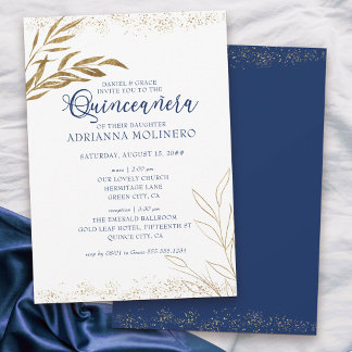 Elegantes Quinceanera und Mass Royal Blue Gold Lea Einladung