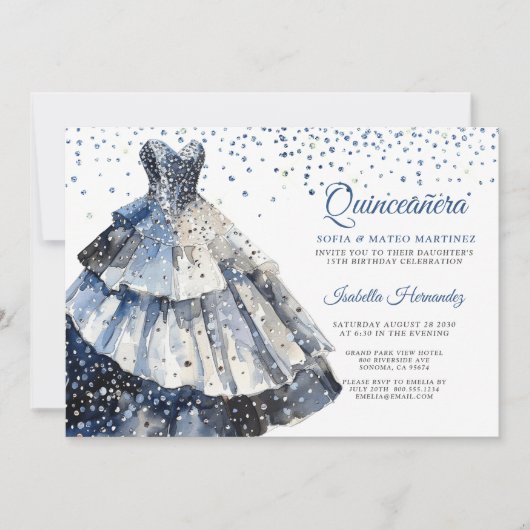 Elegantes Quineanera Glitzer Blue Gown Party Einladung (Vorderseite)