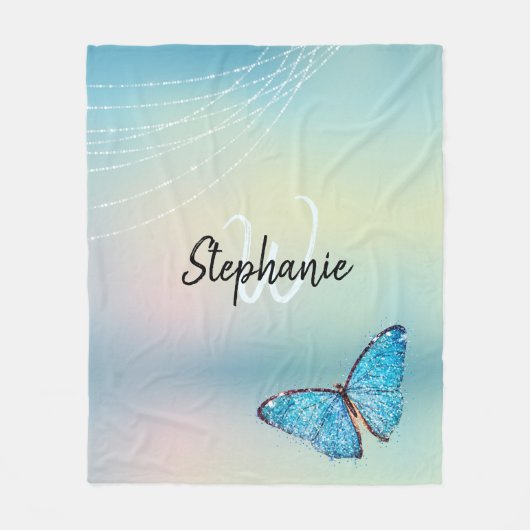 Elegantes Rainbow Blue Butterfly Glitzer Monogram Fleecedecke (Vorderseite)