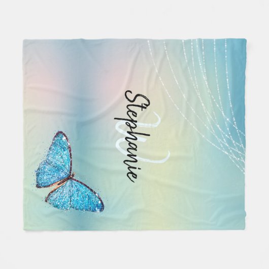 Elegantes Rainbow Blue Butterfly Glitzer Monogram Fleecedecke (Vorderseite (Horizontal))