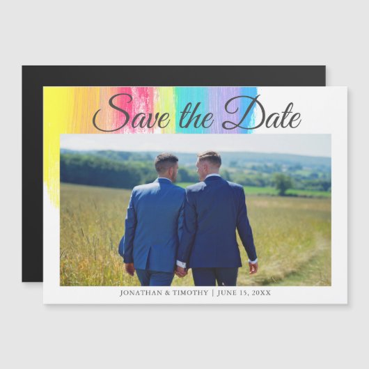Elegantes Rainbow LGBTQ Couple Foto Save the Date Magneteinladung (Vorne/Hinten)