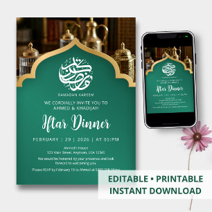 Elegantes Ramadan-Iftar-Dinner Grün-Gold-Bogen Einladung