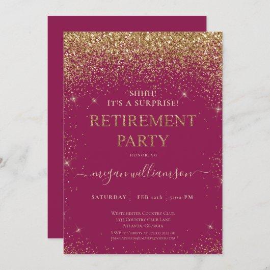 Elegantes Raspberry Gold Glitzer Retirement Party Einladung (Vorne/Hinten)