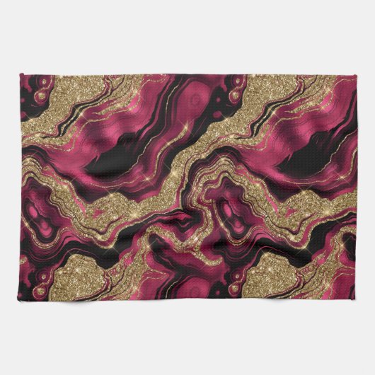 Elegantes Red and Gold Glitzer Agate Pattern Geschirrtuch (Horizontal)