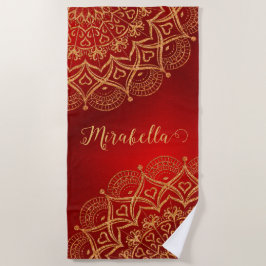 Elegantes Red and Gold Mandala Mit Monogramm Strandtuch