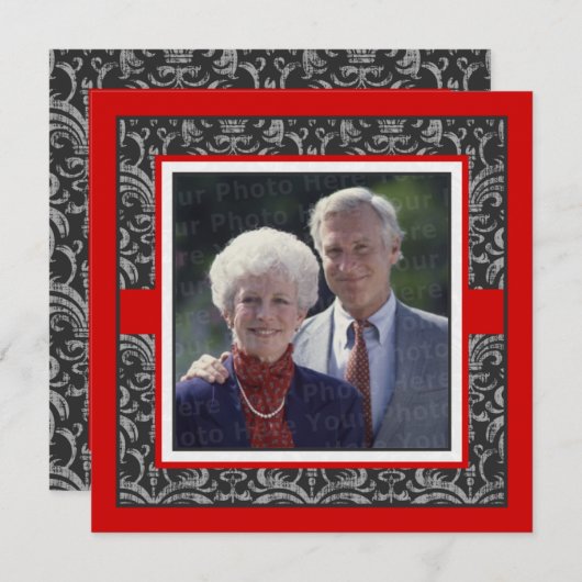 Elegantes Red & Black Damask Hochzeitstag Einladung (Vorne/Hinten)