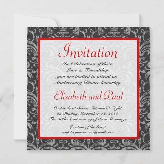 Elegantes Red & Black Damask Hochzeitstag Einladung (Rückseite)