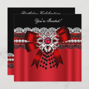 Elegantes Red Black Diamond Silver Lace Party 2 Einladung
