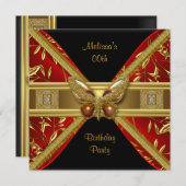 Elegantes Red Black Gold Butterfly Image Party Einladung (Vorne/Hinten)