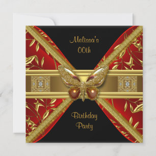 Elegantes Red Black Gold Butterfly Image Party Einladung