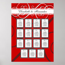 Elegantes Red Black Wedding 15 Table Seating Chart Poster