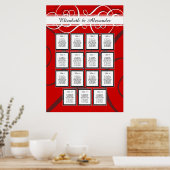 Elegantes Red Black Wedding 15 Table Seating Chart Poster (Küche)