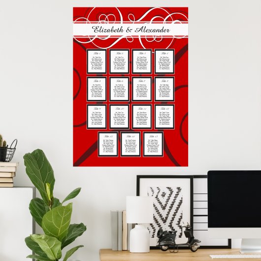 Elegantes Red Black Wedding 15 Table Seating Chart Poster (Heimbüro)