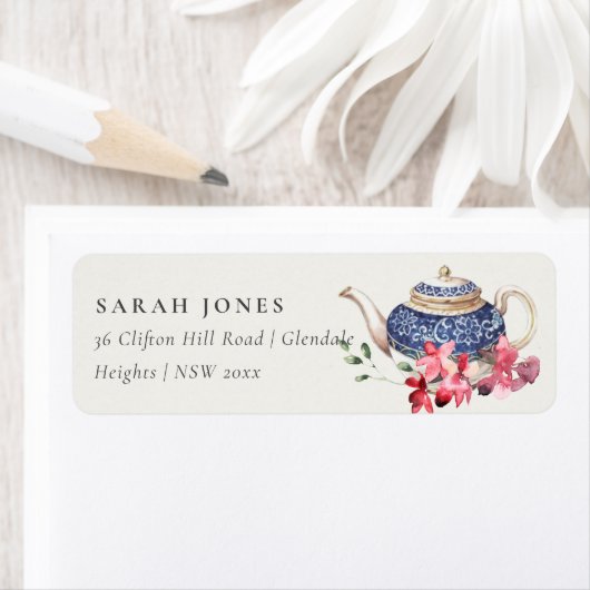 Elegantes Red Blue Teapot Floral Tee Party Adresse (Insitu)