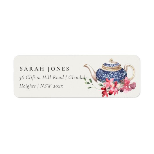 Elegantes Red Blue Teapot Floral Tee Party Adresse (Vorne)