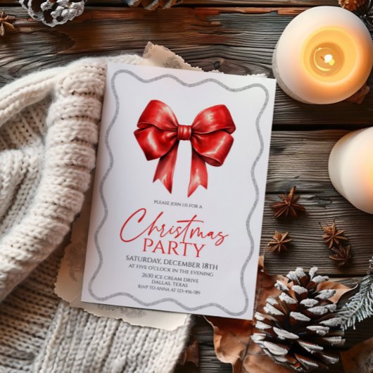 Elegantes Red Bow Christmas Party Einladung