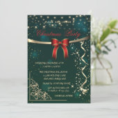 Elegantes Red Bow, Confetti Green Christmas Party Einladung (Stehend Vorderseite)