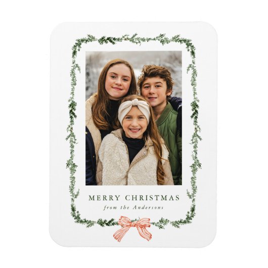 Elegantes Red Bow Greenera Garland Foto Magnet (Vertikal)
