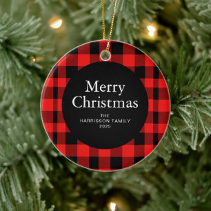Elegantes Red Buffalo Karierte Weihnachtsfamilie 1 Keramik Ornament