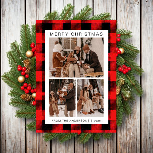 Elegantes Red Buffalo Karierte Weihnachtsfamilie 3 Feiertagskarte