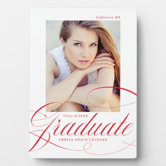 Elegantes Red Calligraphy Script Abschluss Foto Fotoplatte (Vorderseite)