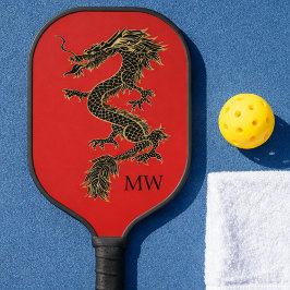 Elegantes Red Chinese Gold Dragon Monogram Pickleball Schläger