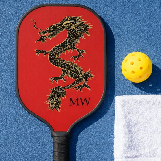 Elegantes Red Chinese Gold Dragon Monogram Pickleball Schläger